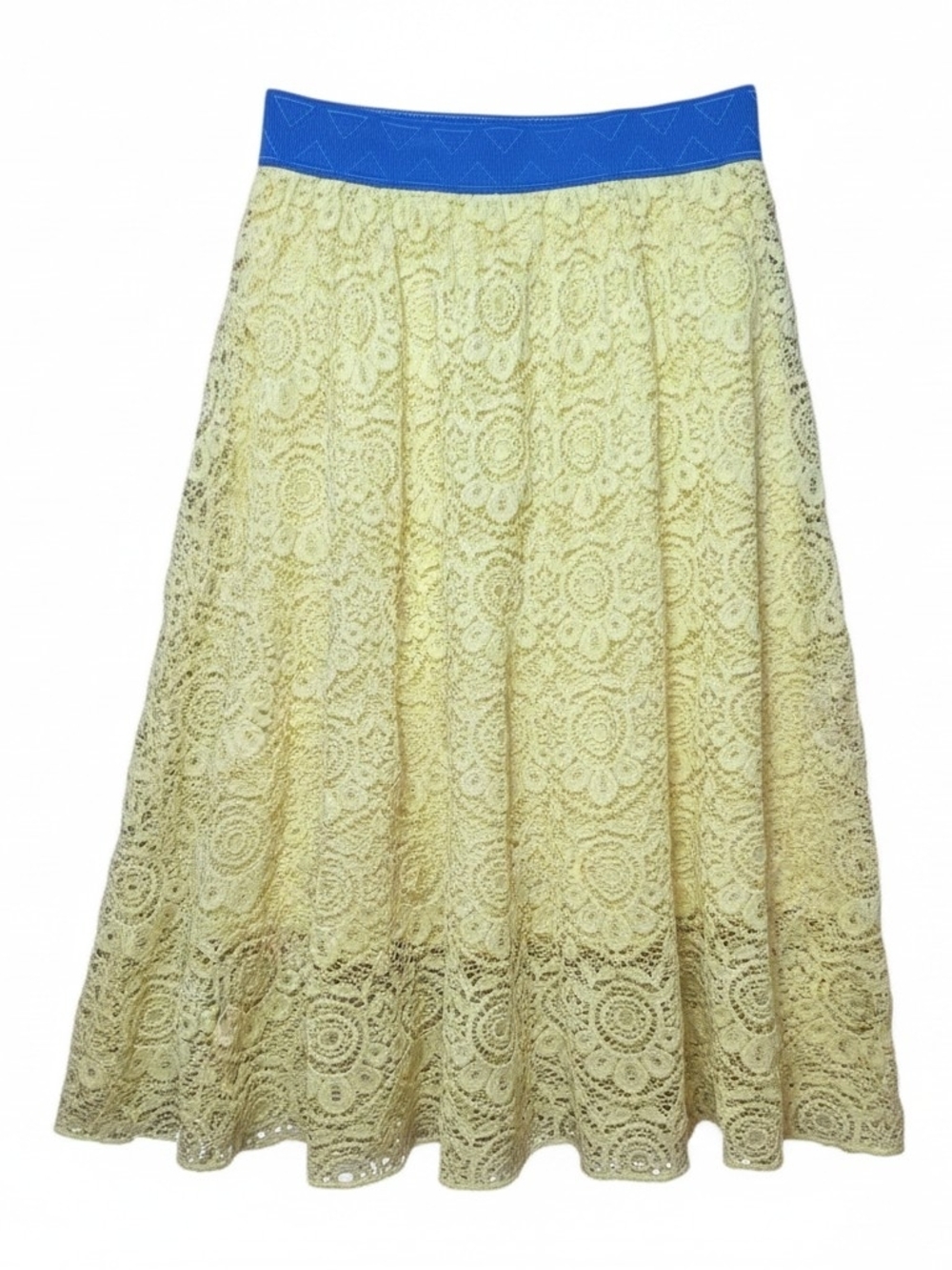 LULAROE | Lola Midi Skirt | Brightβ Lemon Yellow Lace Royal Blue Waistband | XS